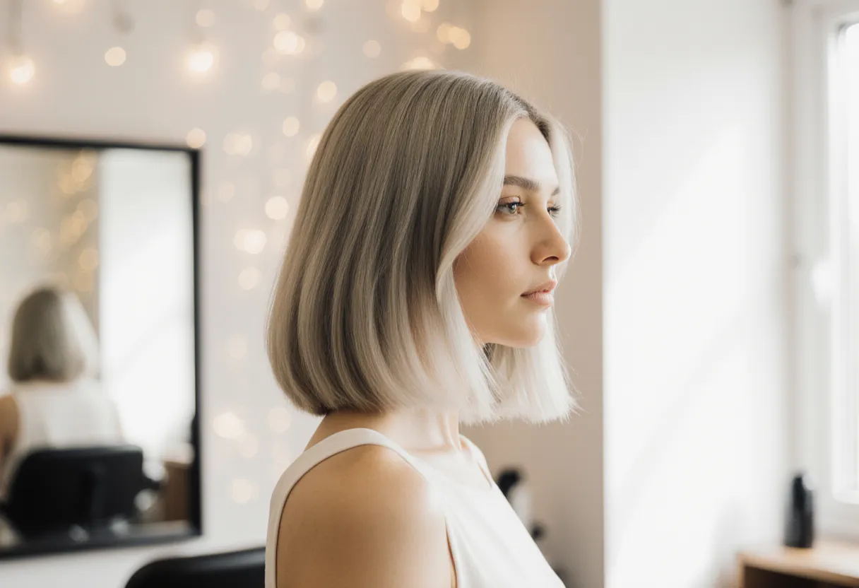 Cool-toned ash blonde hair color on a smooth blowout at The Look Hair Salon in Glendale