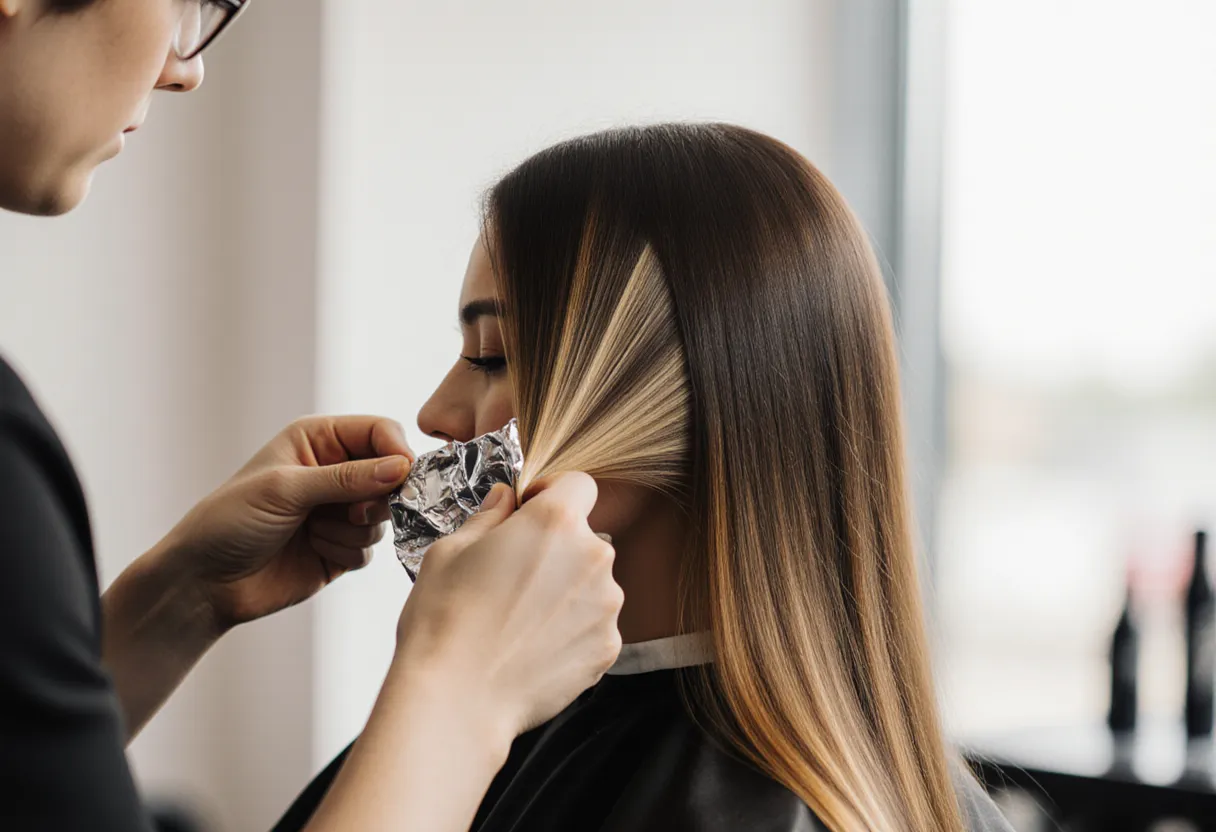 Colorist weaving fine babylights highlights into brunette hair at The Look Hair Salon in Glendale