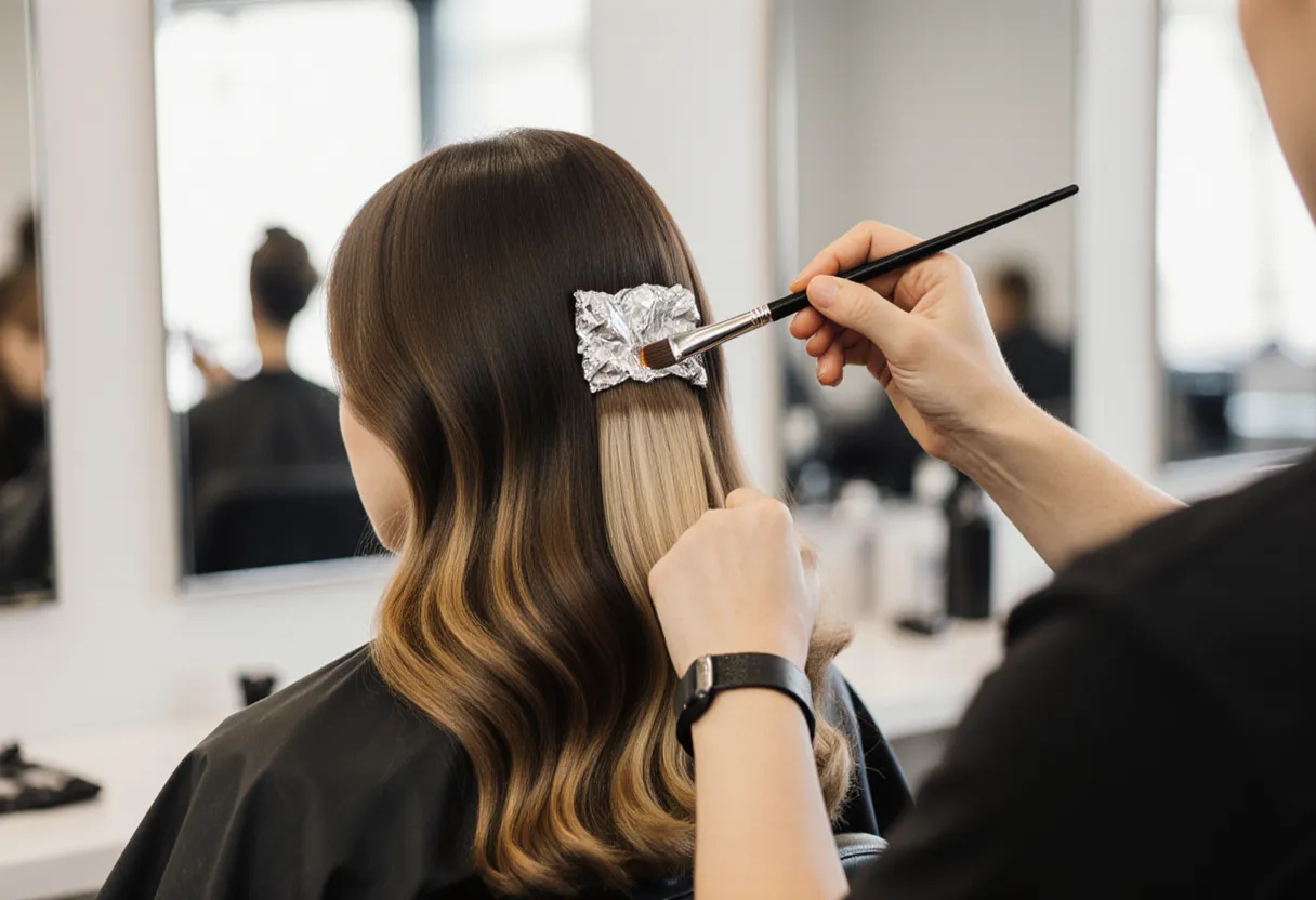 Colorist hand-painting balayage next to a foil highlight to show balayage vs highlights at The Look Hair Salon in Glendale