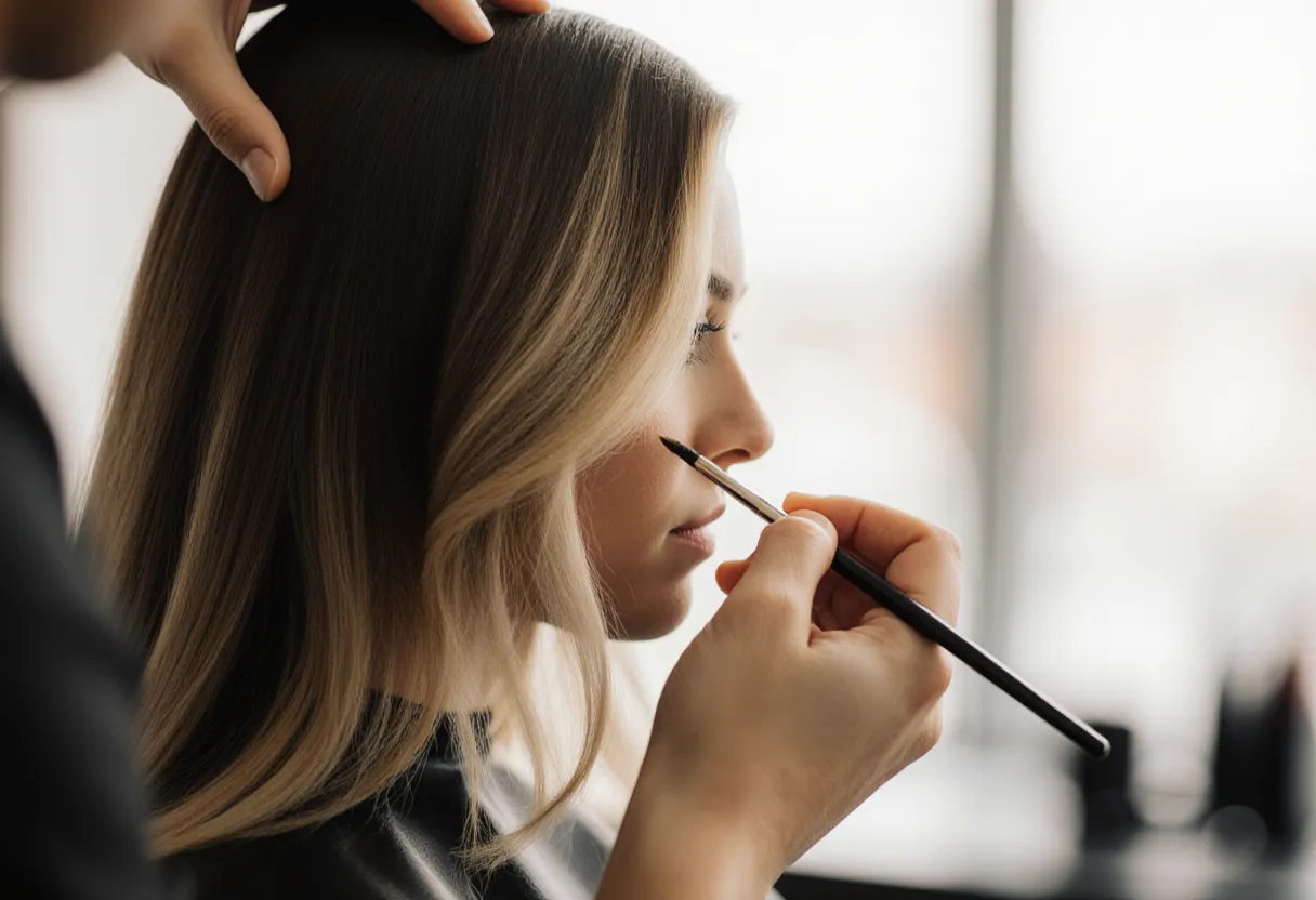 Colorist comparing balayage vs highlights on a client's hair at The Look Hair Salon in Glendale