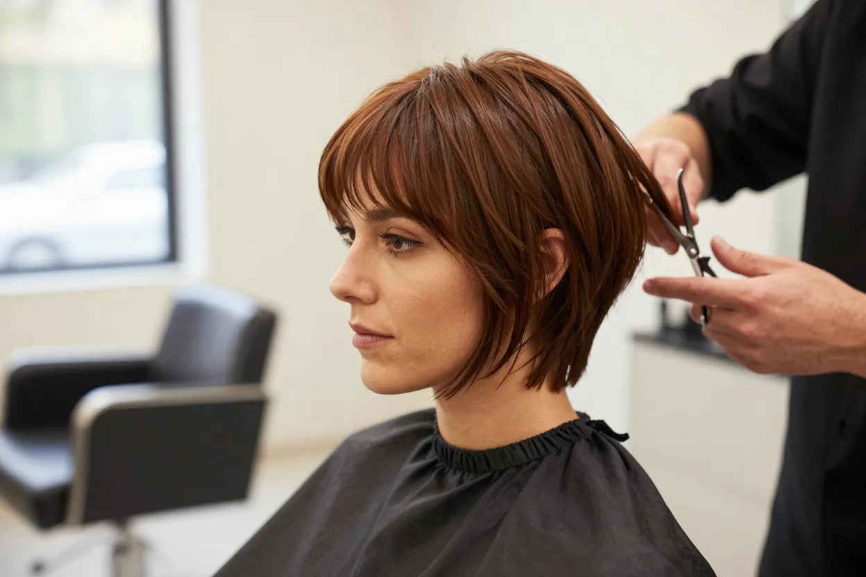 Stylist shaping textured layers on a chin-length bixie haircut at The Look Hair Salon in Glendale