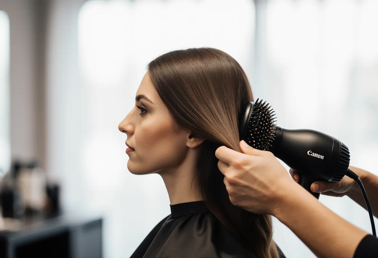 Stylist creating a smooth, voluminous blowout hair style with a round brush at The Look Hair Salon in Glendale