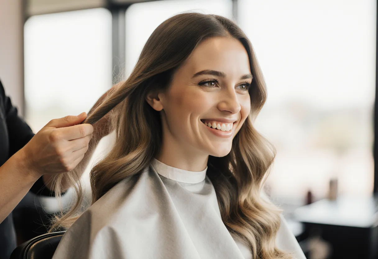 Stylist scrunching soft body wave perm waves into a client's hair at The Look Hair Salon in Glendale