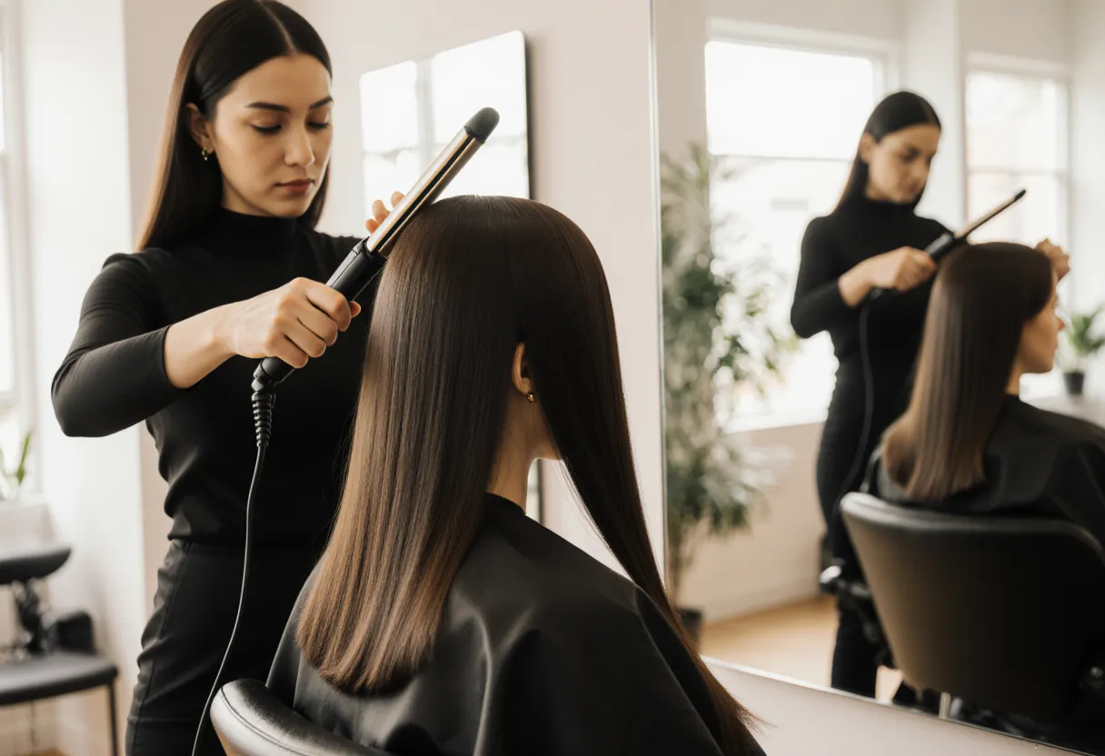 Stylist flat-ironing smooth frizz-free hair during a Brazilian blowout at The Look Hair Salon in Glendale