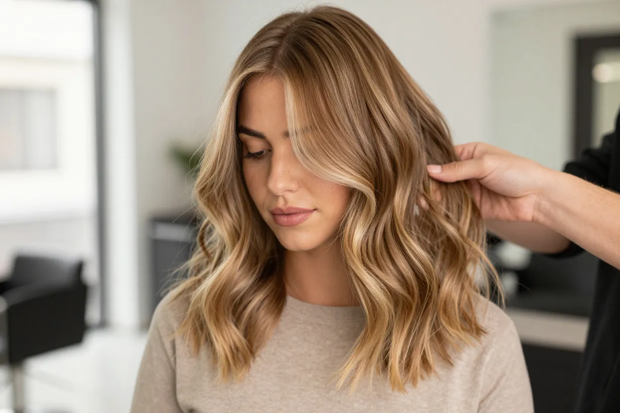 Stylist lifting a section of dimensional bronde hair color at The Look Hair Salon in Glendale