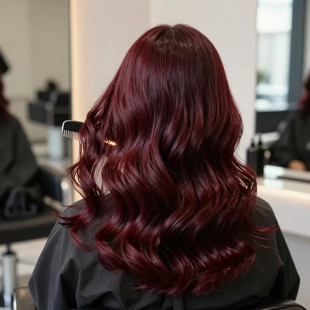 Glossy deep burgundy hair color with wine-red waves being combed at The Look Hair Salon in Glendale