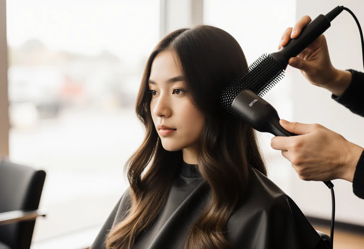 Stylist blow-drying a long butterfly haircut with face-framing layers at The Look Hair Salon in Glendale
