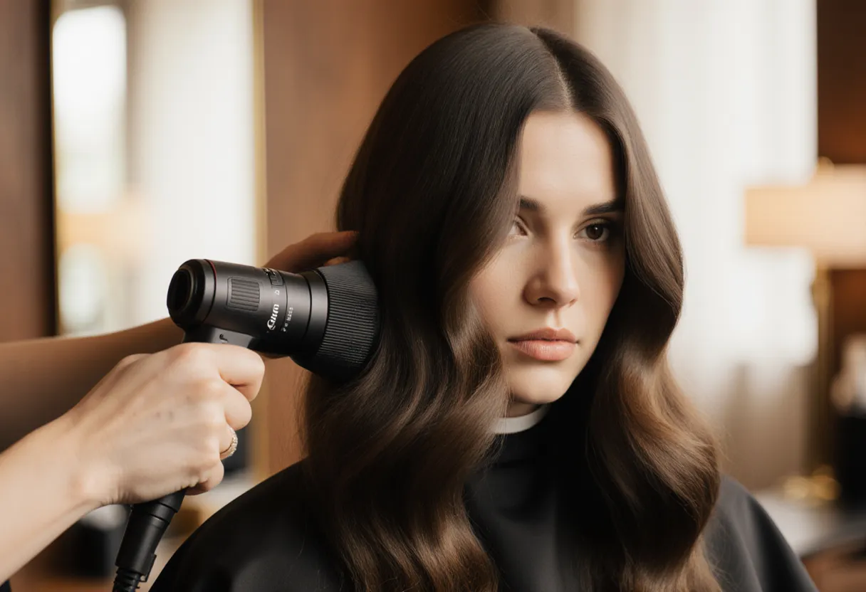Stylist blow-drying a butterfly haircut with long face-framing layers at The Look Hair Salon in Glendale