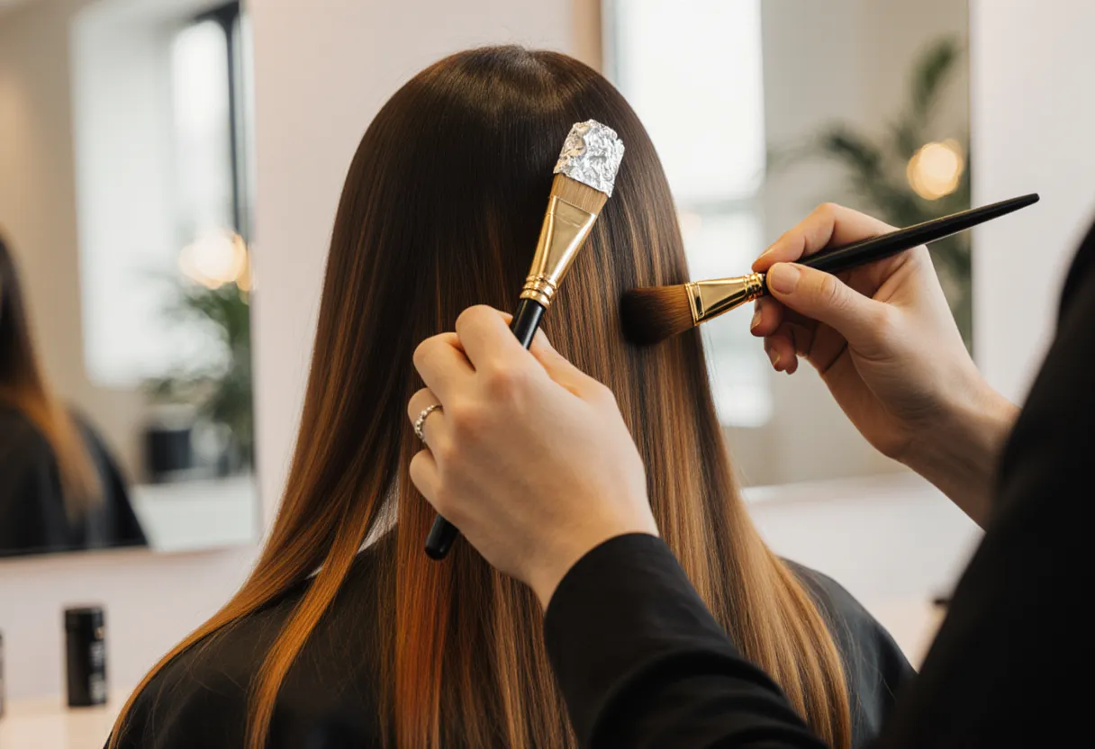 Stylist hand-painting warm caramel highlights onto long dark brown hair in natural window light at The Look Hair Salon in Glendale