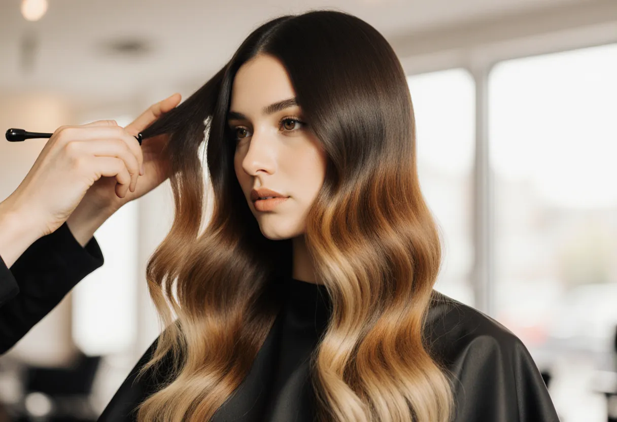 Stylist blending a color melt from dark roots to caramel ends on long wavy hair at The Look Hair Salon in Glendale