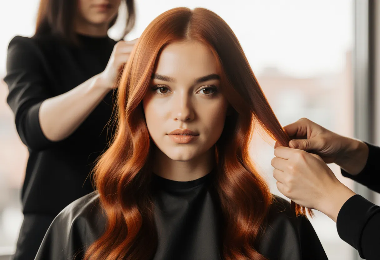 Colorist finishing a vibrant copper hair color on a client at The Look Hair Salon in Glendale