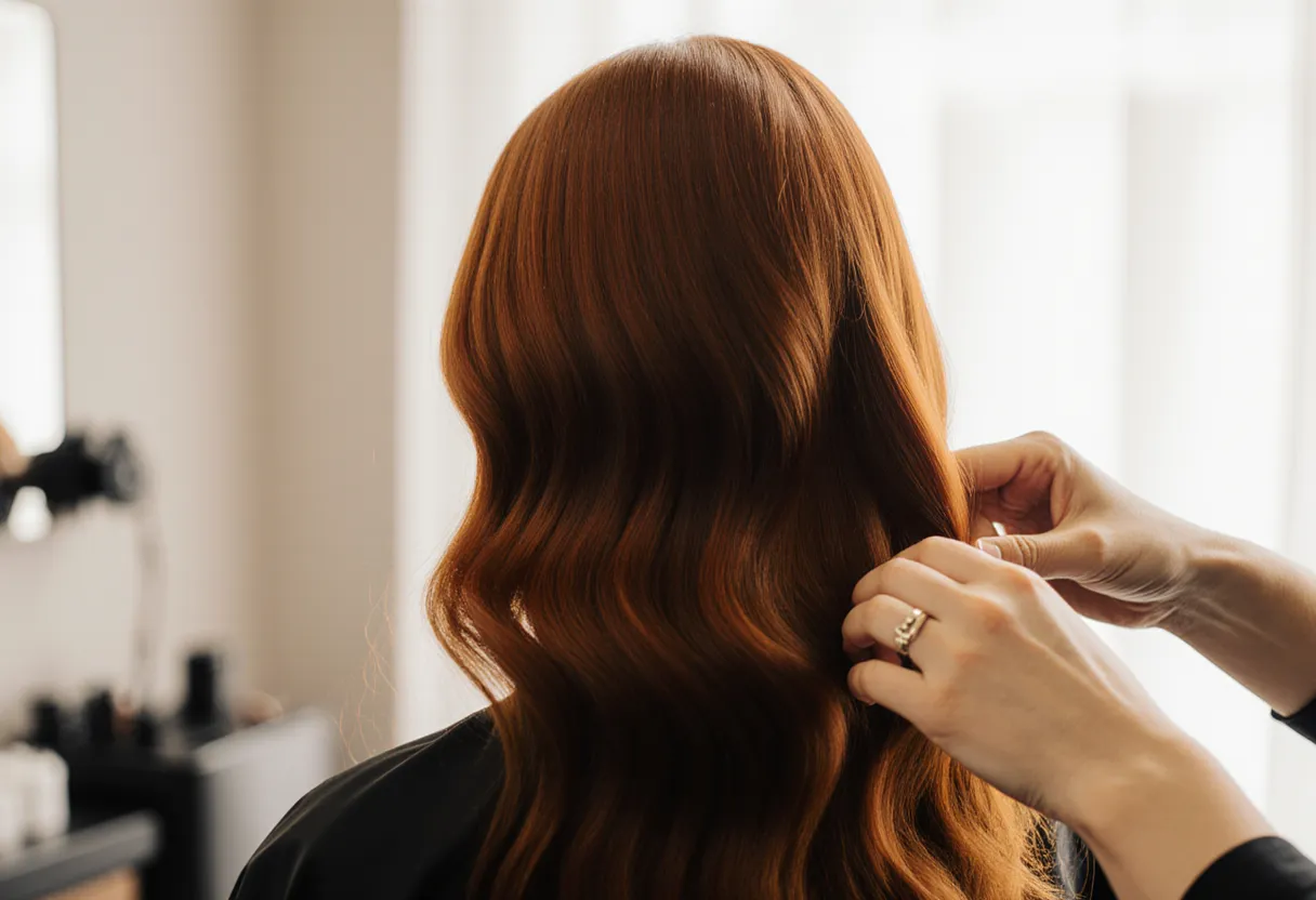 Stylist smoothing a section of glossy copper hair color at The Look Hair Salon in Glendale