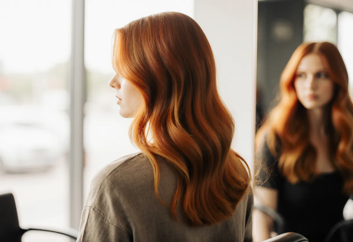 Client with warm dusty cowboy copper hair in soft waves catching natural window light at The Look Hair Salon in Glendale