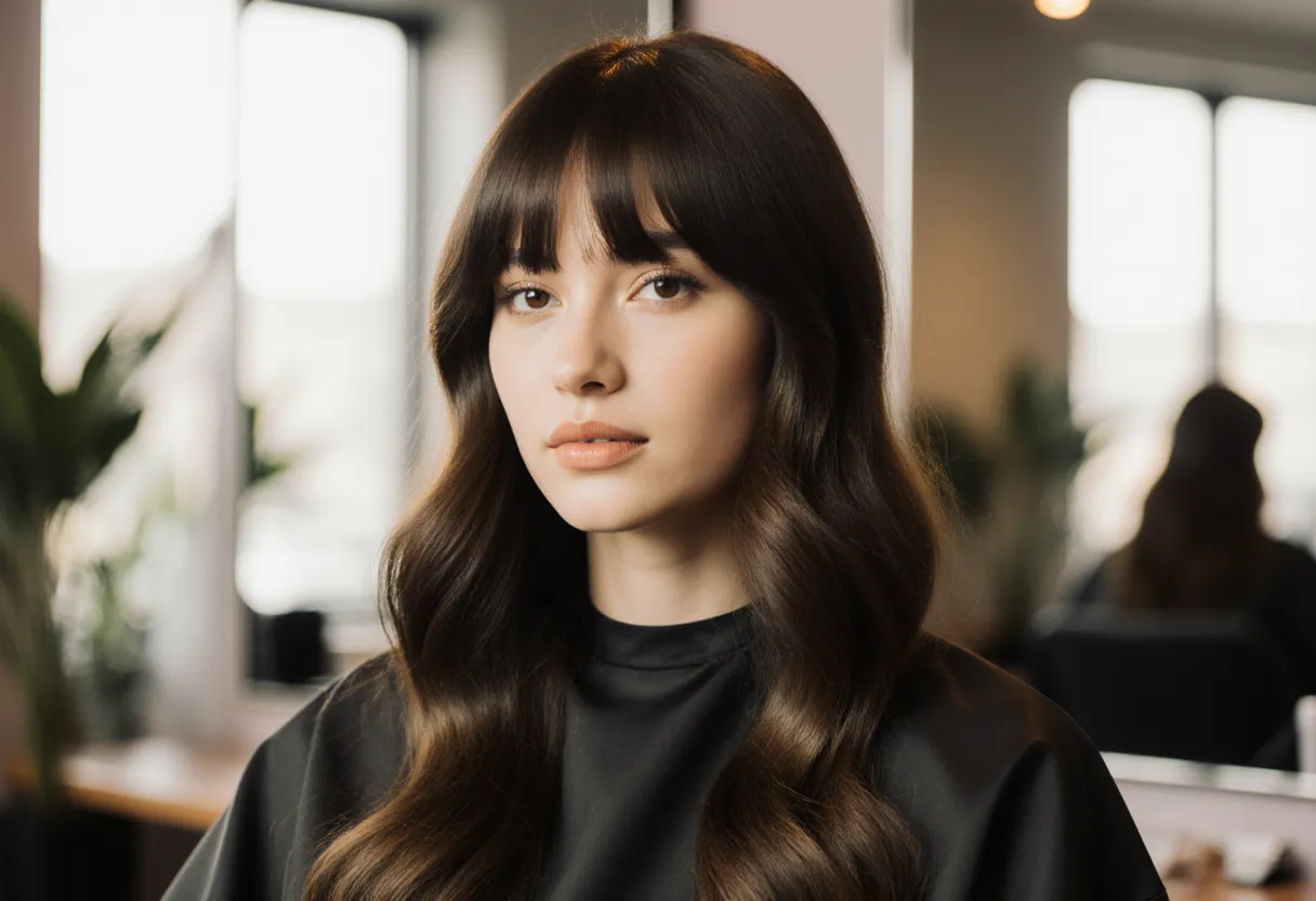 Woman with curtain bangs with layers framing her face at The Look Hair Salon in Glendale