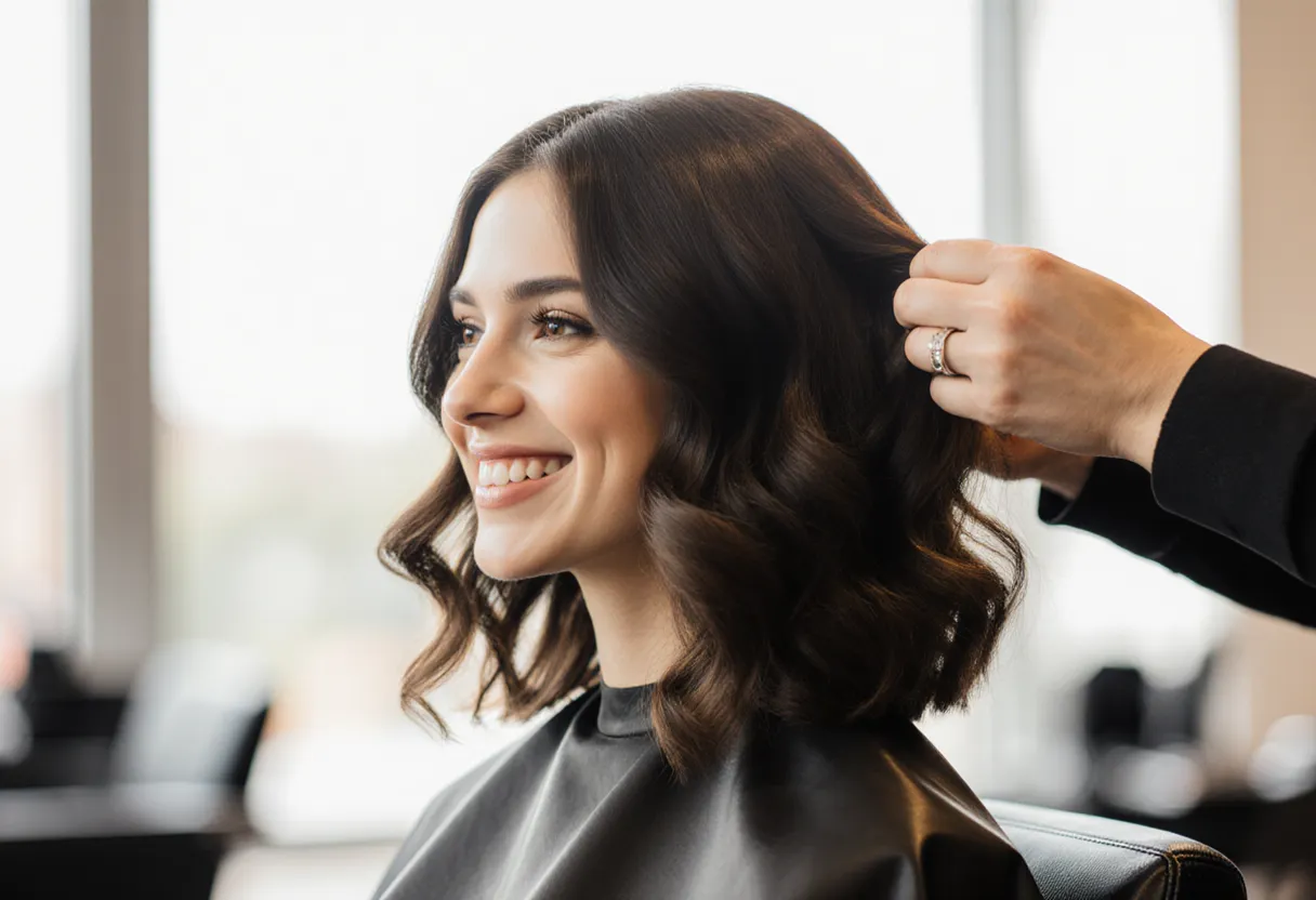 Stylist styling a client's soft digital perm C-curl waves at The Look Hair Salon in Glendale