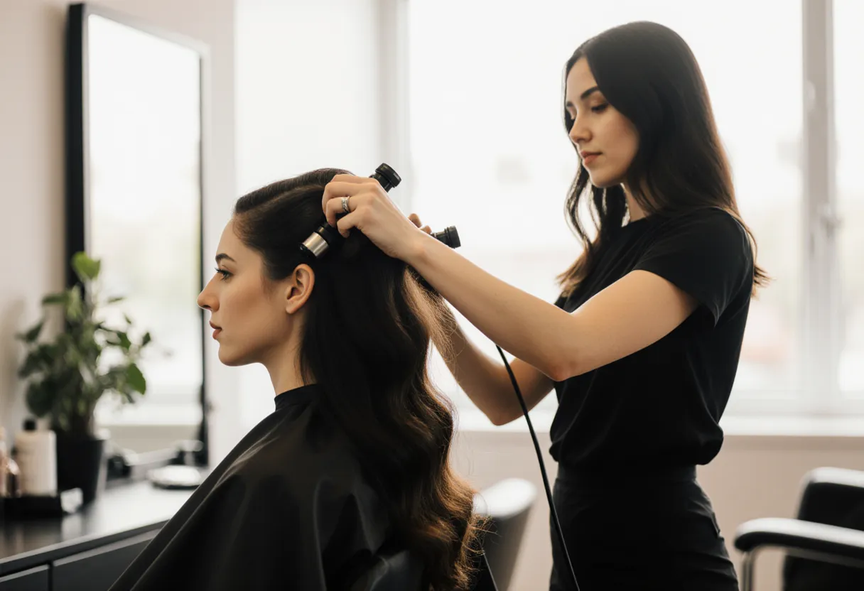 Stylist wrapping a client's long hair onto heated rods for a digital perm at The Look Hair Salon in Glendale