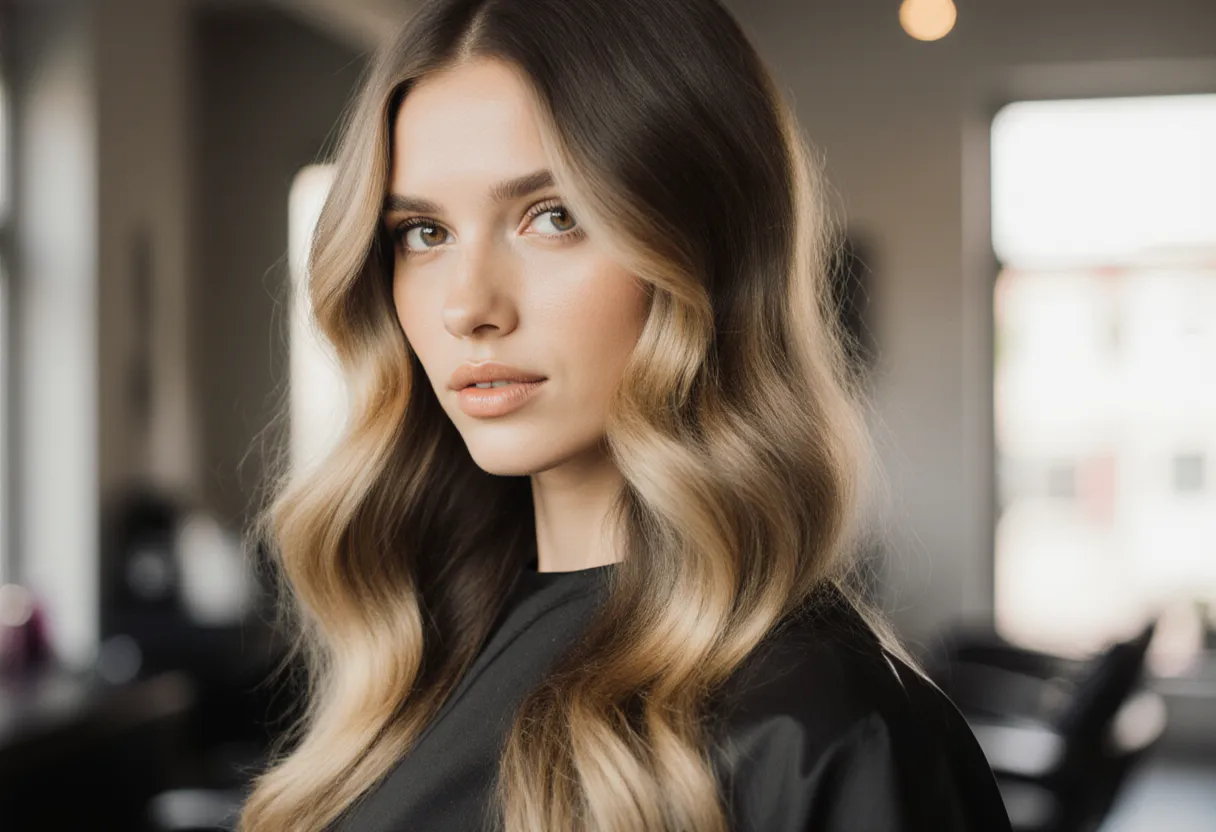 Colorist styling glossy dirty blonde hair color on a client at The Look Hair Salon in Glendale