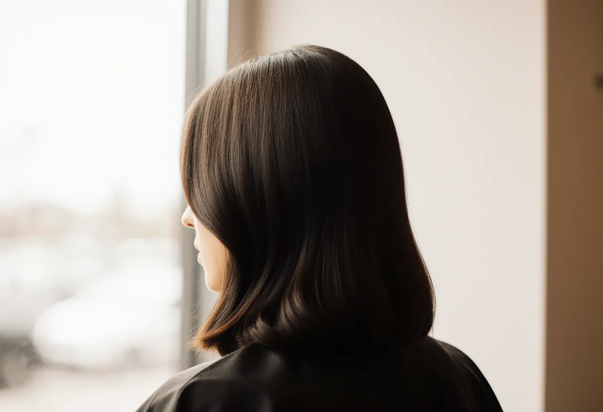 Glossy espresso brown hair color with deep coffee reflects on a client at The Look Hair Salon in Glendale