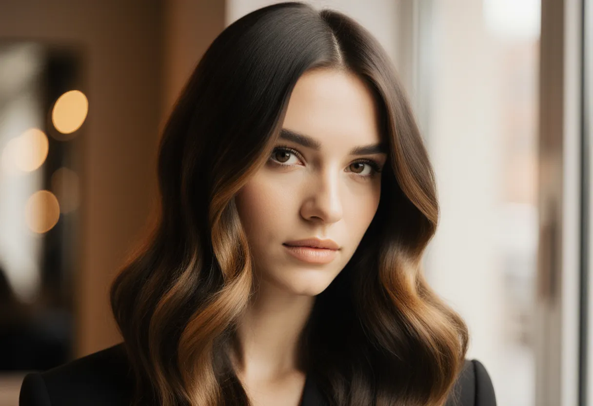 Colorist styling glossy dimensional expensive brunette hair color on a client at The Look Hair Salon in Glendale