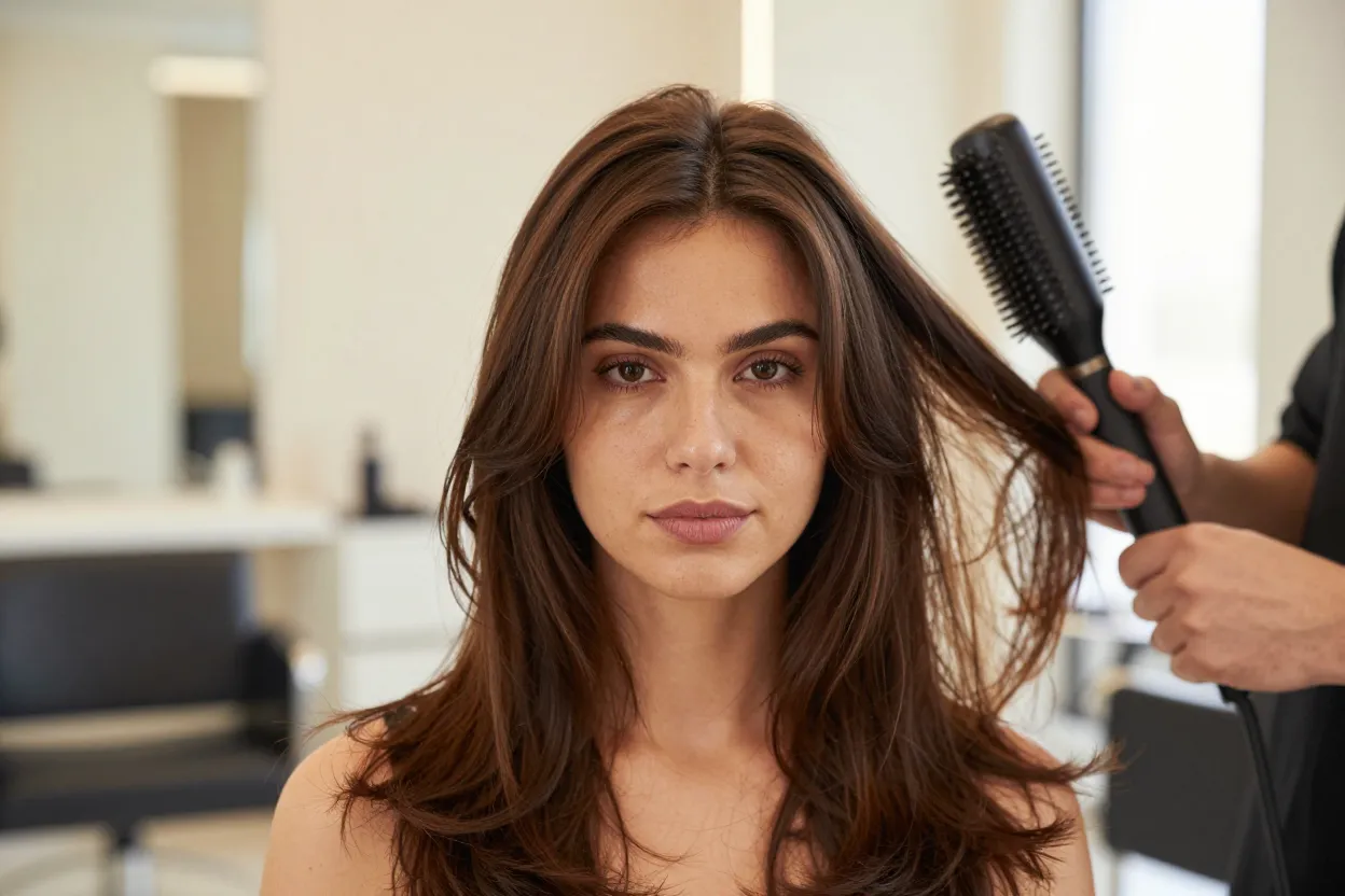 Stylist blow-drying soft face framing layers away from a client's cheekbones at The Look Hair Salon in Glendale