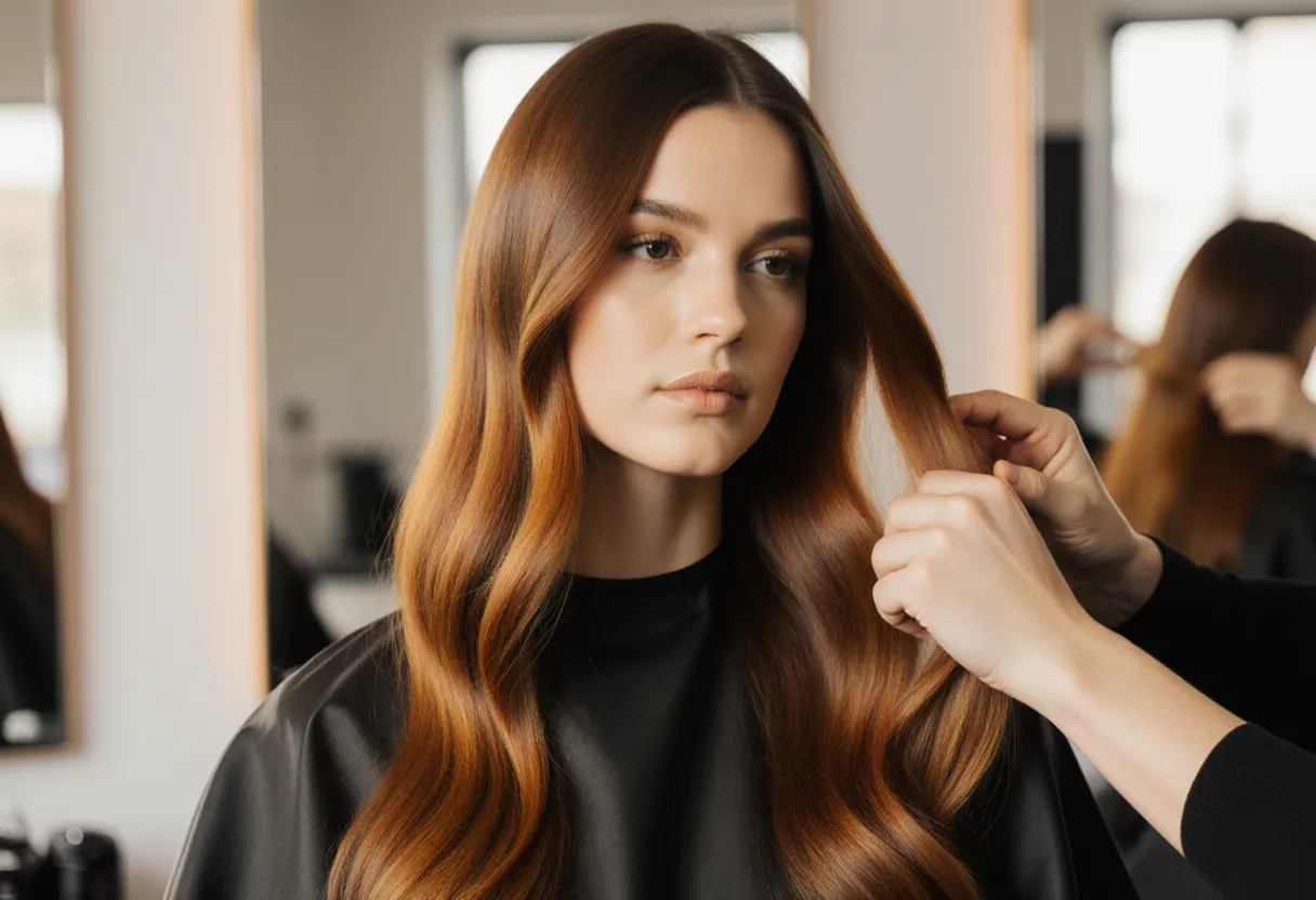 Stylist smoothing warm copper and caramel fall hair colors on a client in natural light at The Look Hair Salon in Glendale