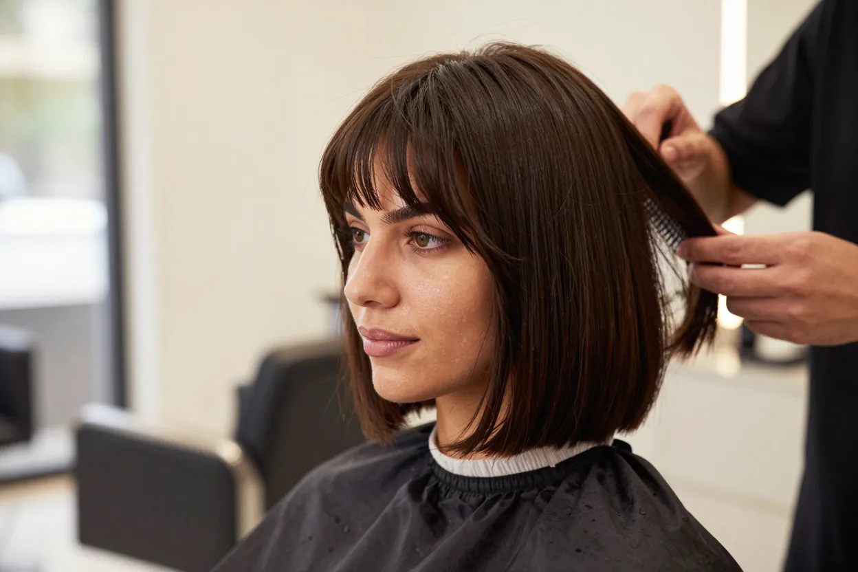 Stylist combing the blunt perimeter of a chin-length french bob with soft fringe at The Look Hair Salon in Glendale