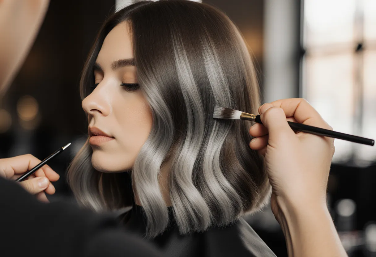 Colorist hand-painting highlights for gray blending on brunette hair at The Look Hair Salon in Glendale
