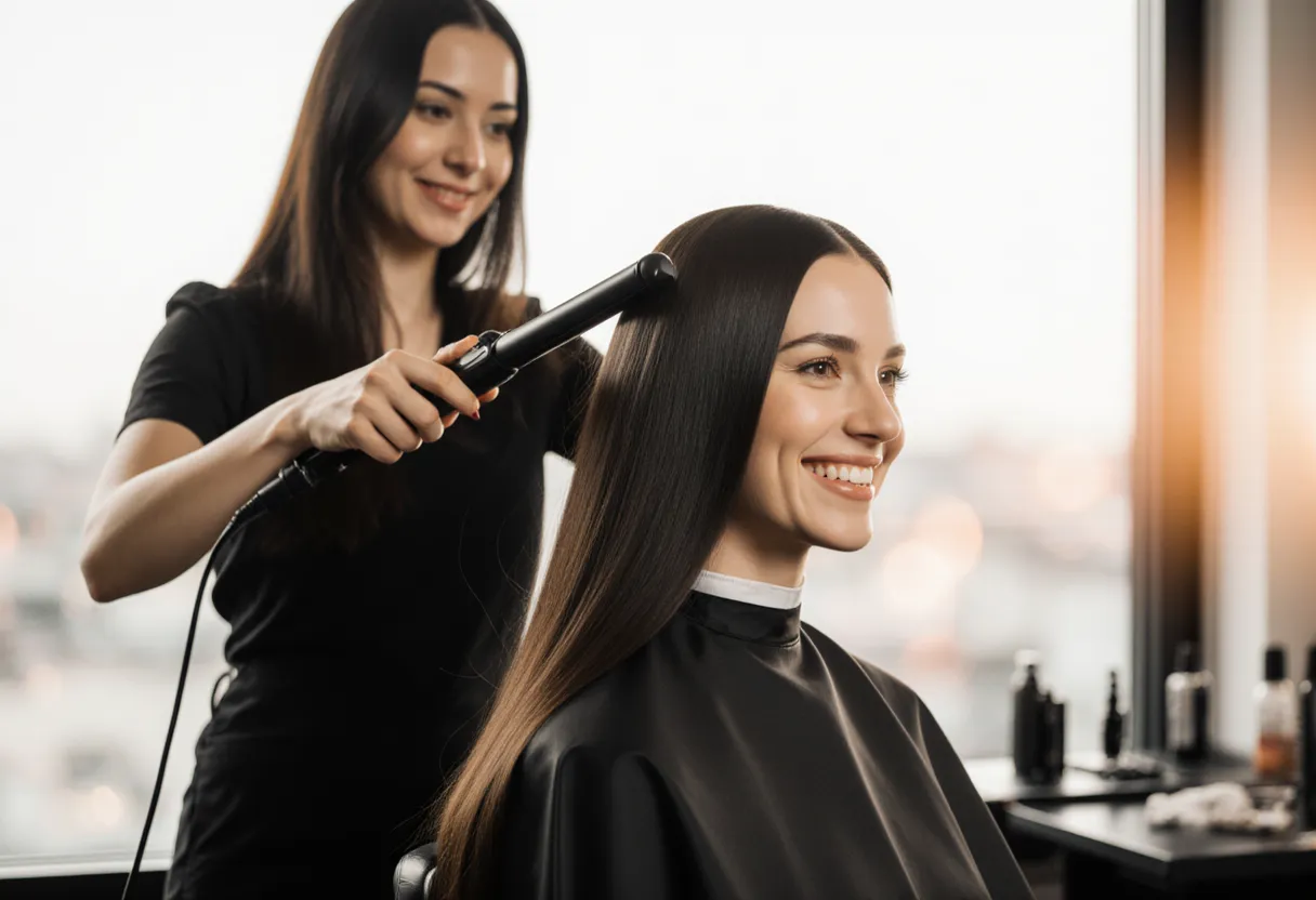 Stylist flat-ironing glossy, smooth results after a hair botox treatment at The Look Hair Salon in Glendale