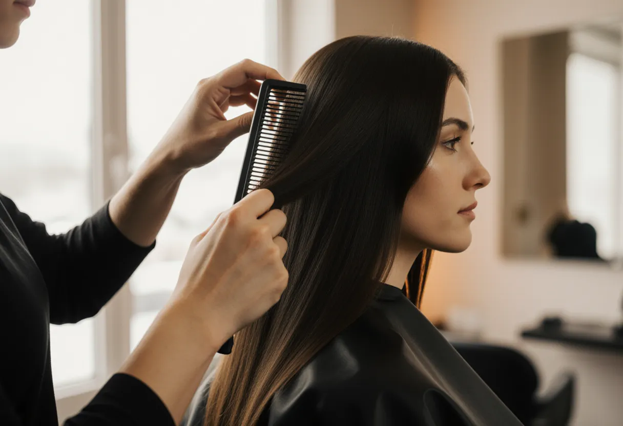 Stylist combing through a client's glossy frizz-free hair after a hair botox treatment at The Look Hair Salon in Glendale