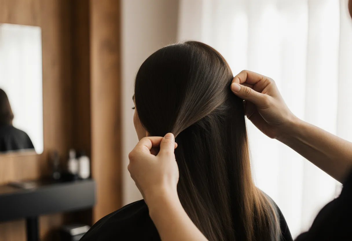 Stylist inspecting a client's long brown hair for hair breakage in natural window light at The Look Hair Salon in Glendale