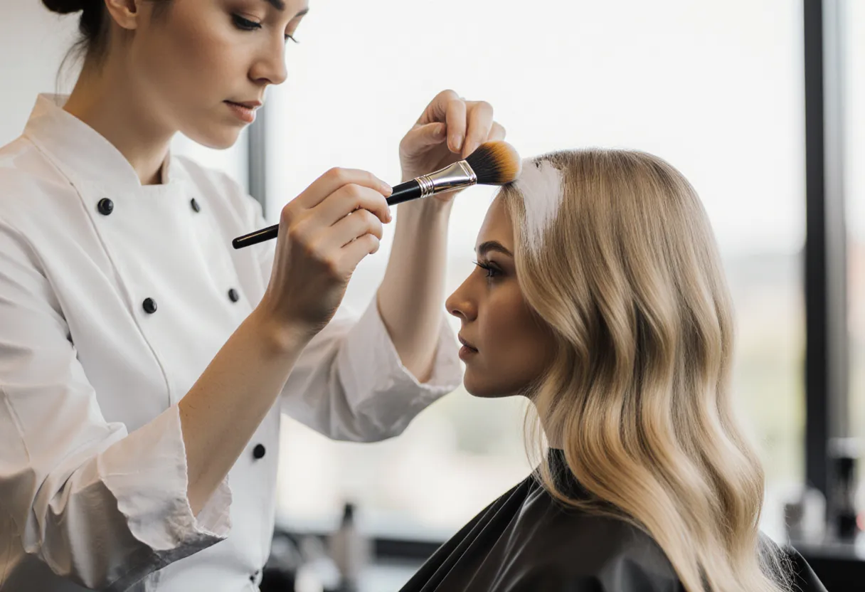 Colorist performing a hair color correction to fix brassy blonde at The Look Hair Salon in Glendale
