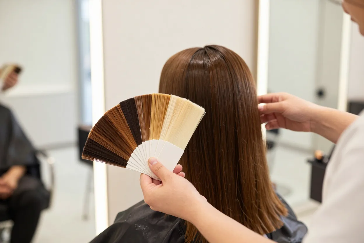 Colorist comparing hair color levels with a swatch fan against a client's hair at The Look Hair Salon in Glendale
