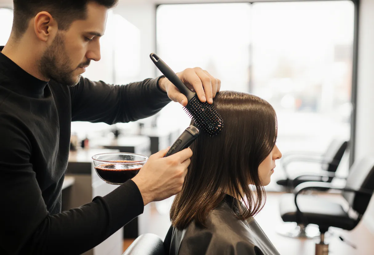 Stylist applying a hair gloss treatment to a client's mid-length brunette hair at The Look Hair Salon in Glendale