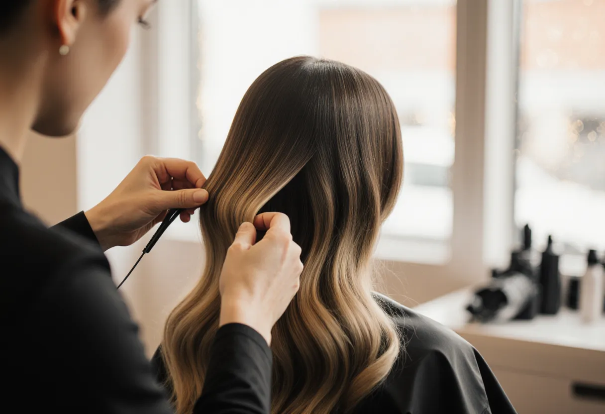 Stylist weaving darker hair lowlights through dimensional brown-blonde hair at The Look Hair Salon in Glendale