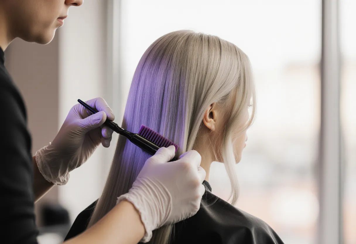 Stylist applying violet hair toner to freshly lightened blonde hair at The Look Hair Salon in Glendale