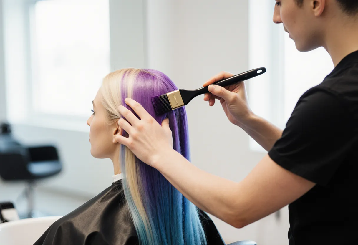 Stylist applying hair toner to a blonde client's hair at The Look Hair Salon in Glendale