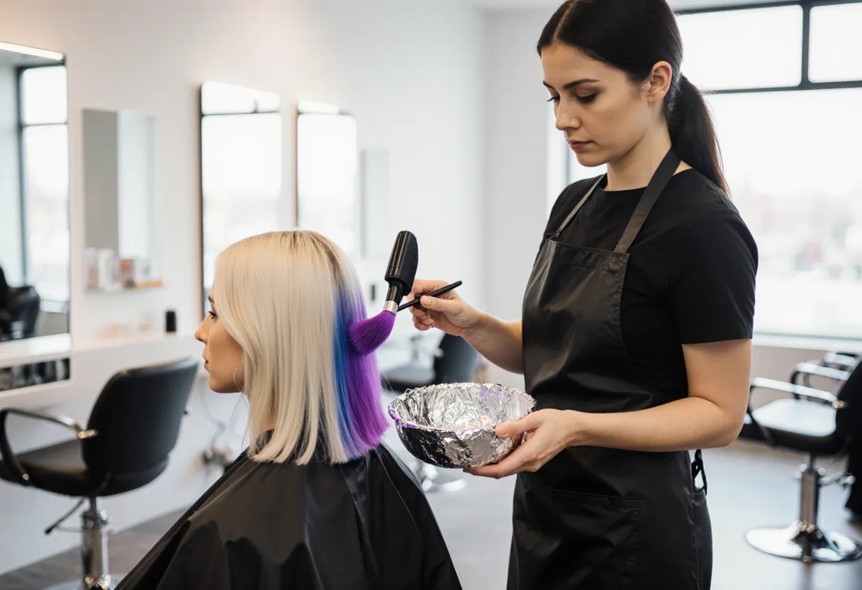 Stylist applying violet hair toner to a client's freshly lightened blonde hair at The Look Hair Salon in Glendale