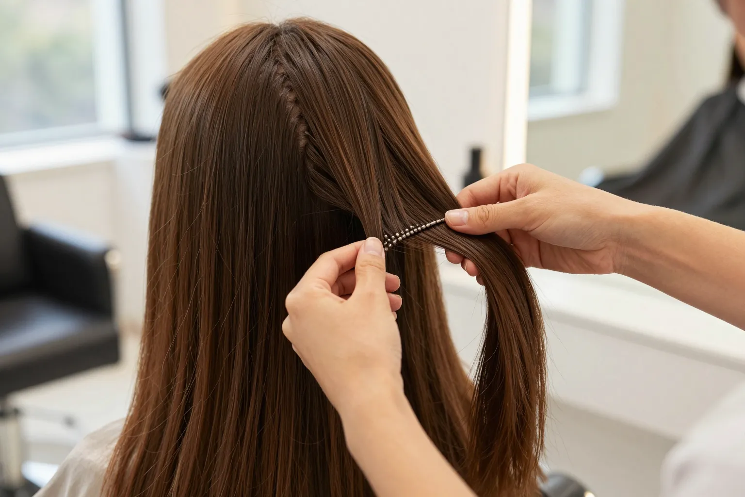 Stylist sewing a hand tied extensions weft into a client's brunette hair at The Look Hair Salon in Glendale