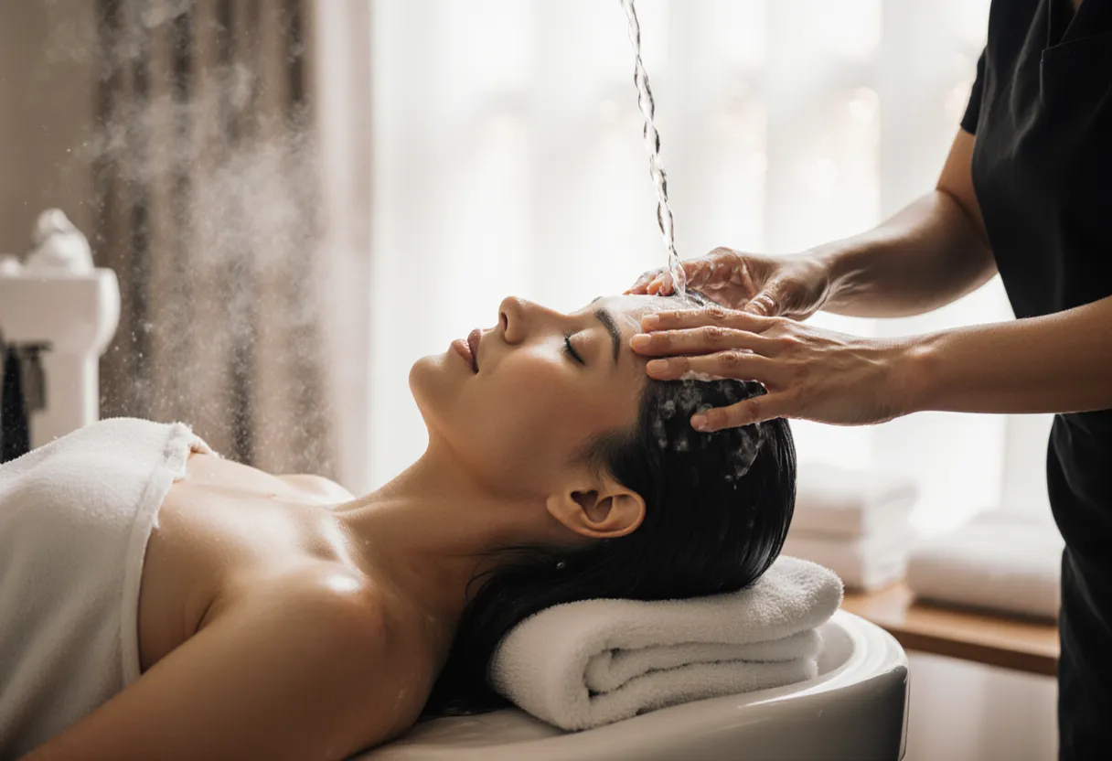 Stylist giving a relaxing head spa scalp treatment at The Look Hair Salon in Glendale