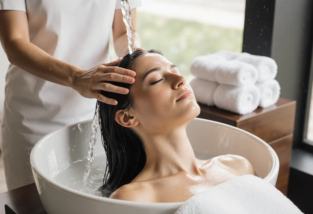 Stylist giving a client a head spa treatment with a scalp massage at the shampoo bowl at The Look Hair Salon in Glendale