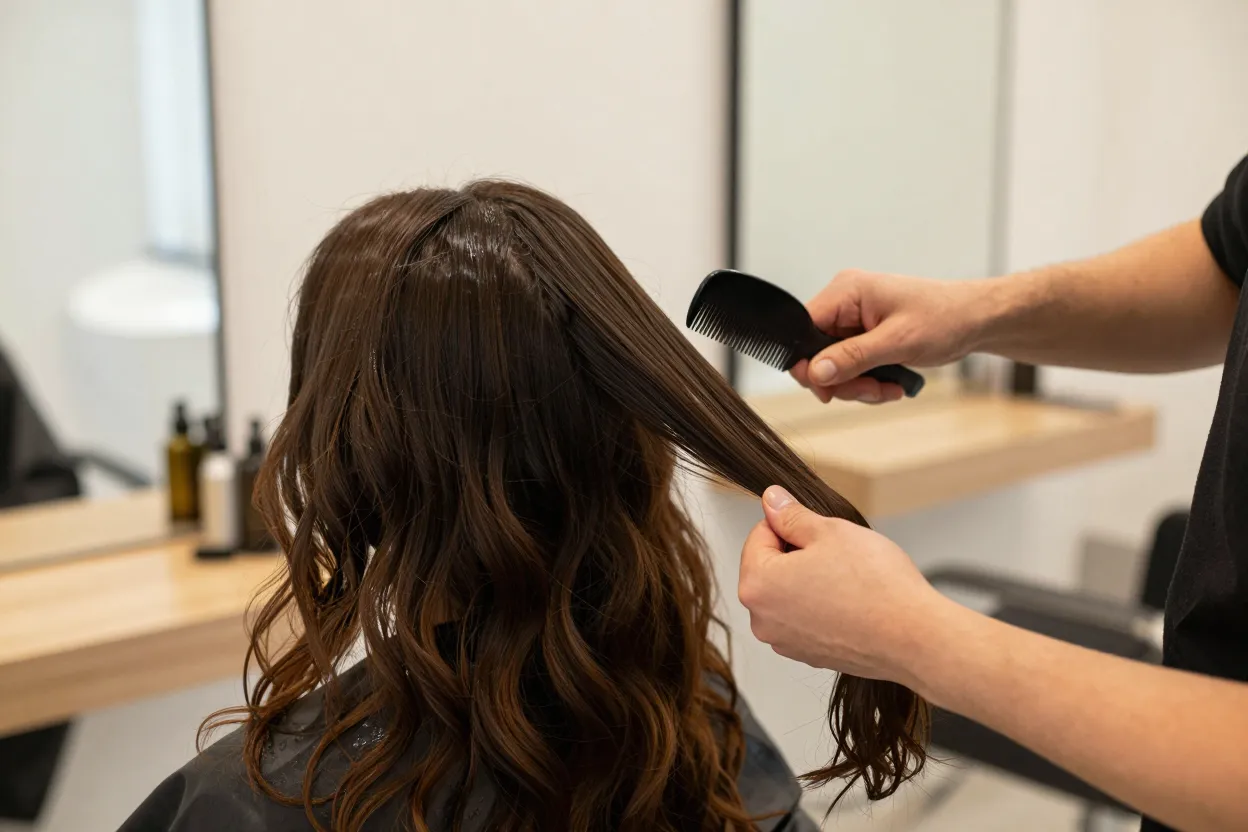 Stylist combing a conditioning treatment through a client with high porosity hair at The Look Hair Salon in Glendale