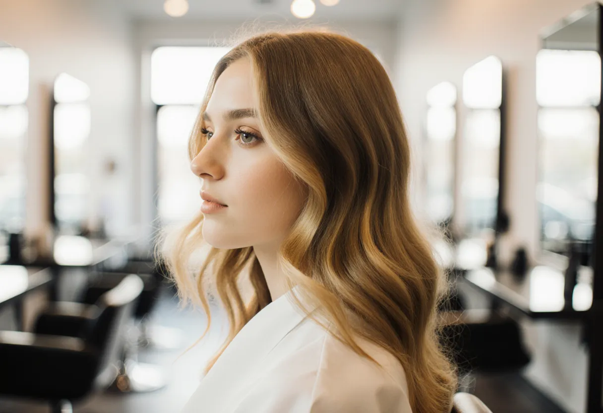Client with glossy honey blonde hair in soft golden waves in natural window light at The Look Hair Salon in Glendale