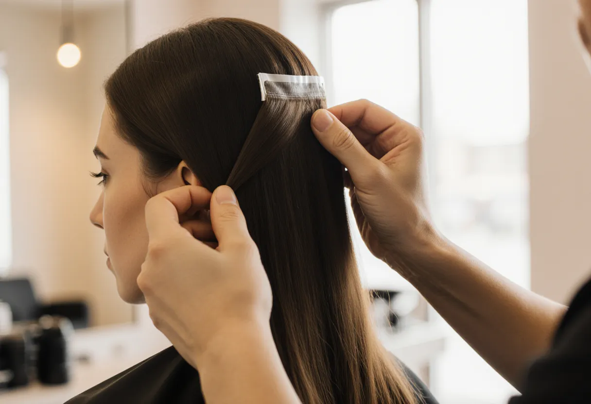 Stylist installing tape-in wefts during a hair extensions cost consultation at The Look Hair Salon in Glendale