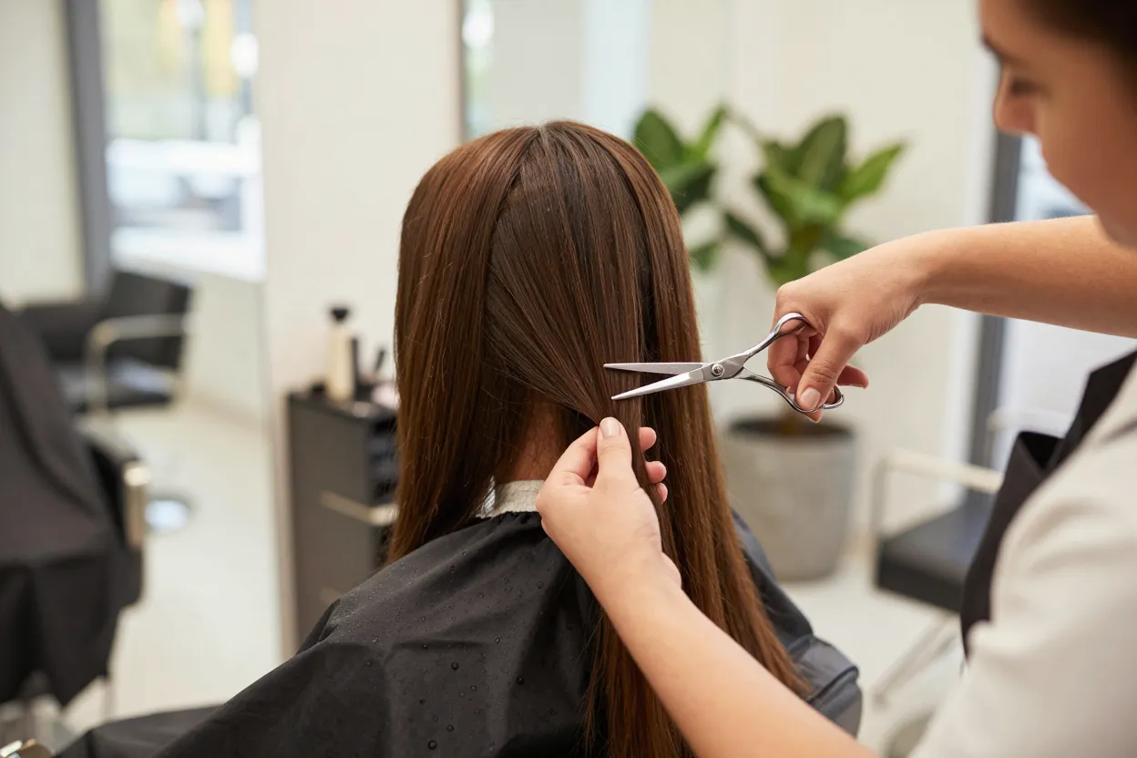 Stylist inspecting and trimming split ends from long brunette hair at The Look Hair Salon in Glendale
