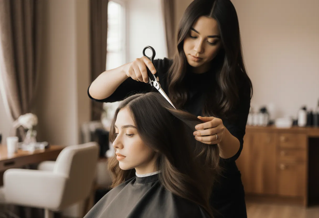Stylist slide-cutting soft layers for a hush cut on a client with long brown hair at The Look Hair Salon in Glendale