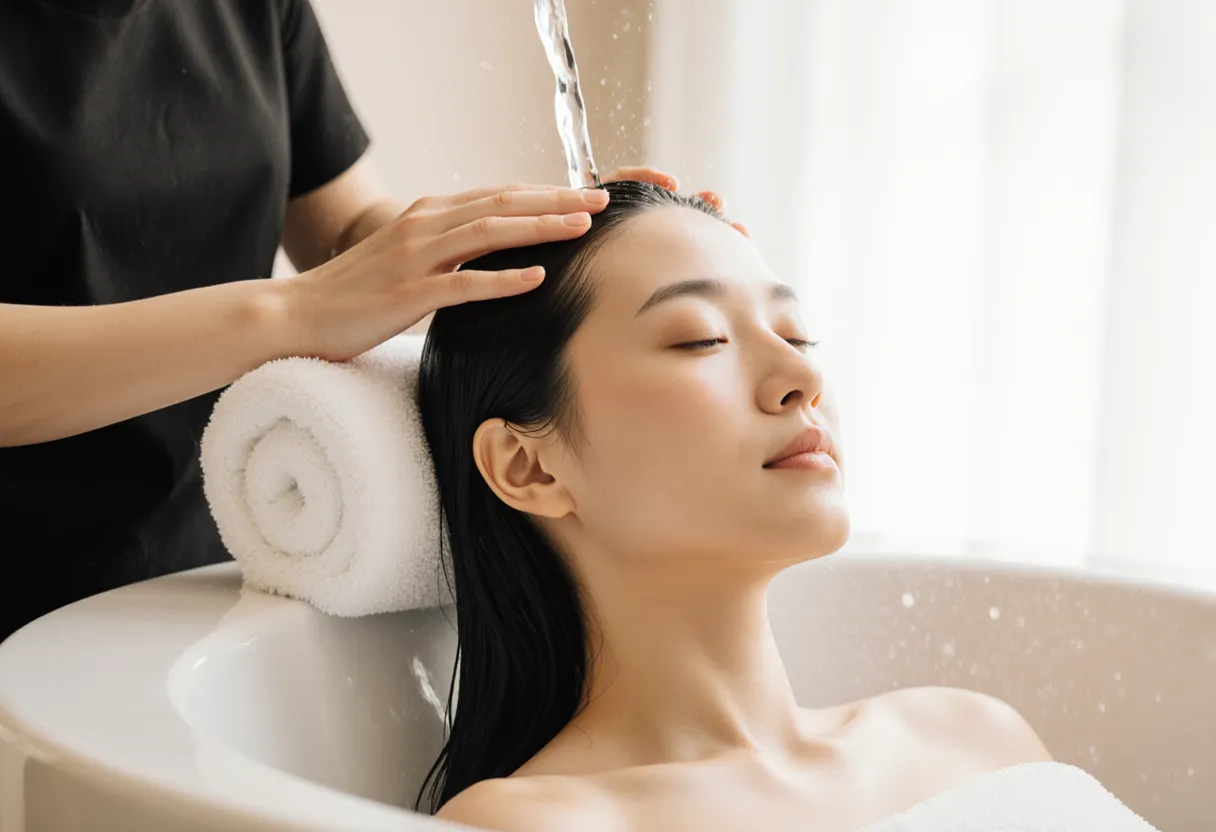 Stylist massaging a client scalp during a Japanese head spa treatment at the shampoo basin at The Look Hair Salon in Glendale