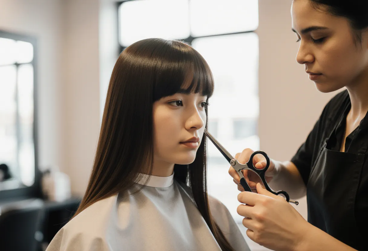 Stylist shaping the top tier of a jellyfish haircut on a client with long dark hair at The Look Hair Salon in Glendale