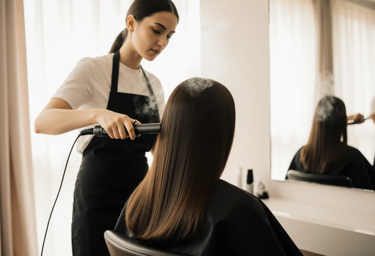 Stylist flat-ironing a keratin treatment into smooth dark brown hair at The Look Hair Salon in Glendale