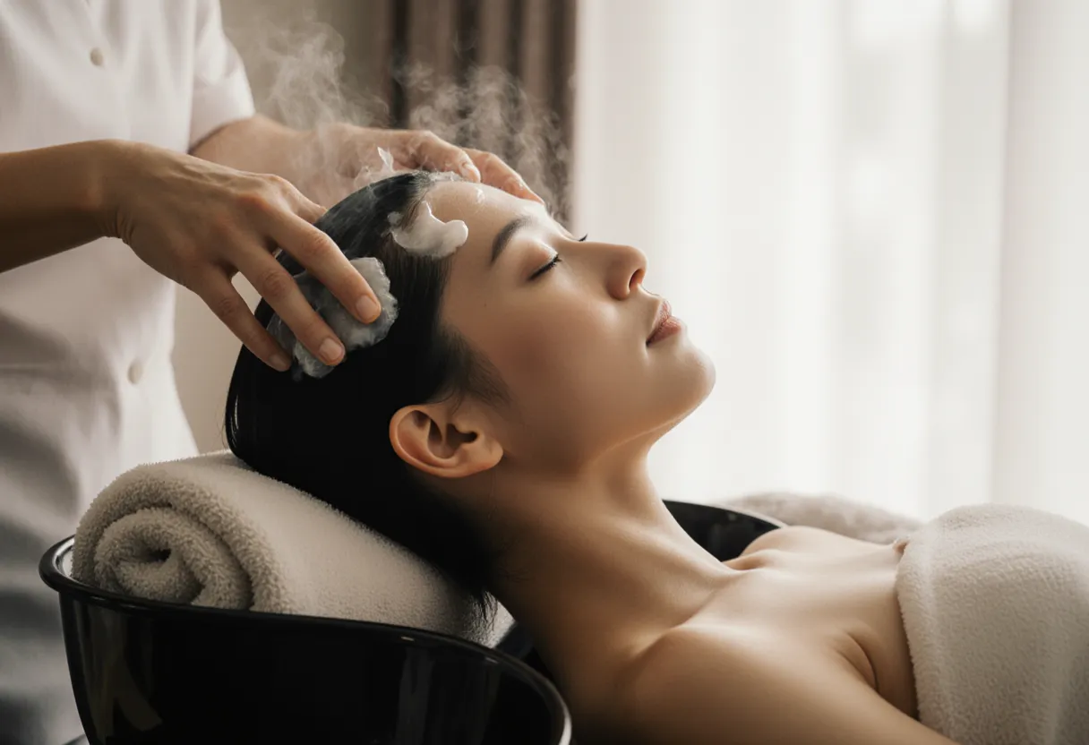 Stylist giving a client a Korean head spa scalp treatment at The Look Hair Salon in Glendale