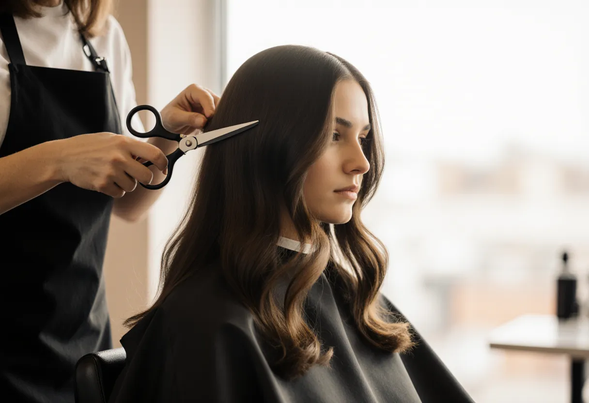 Stylist cutting a long layered haircut into glossy brunette hair at The Look Hair Salon in Glendale